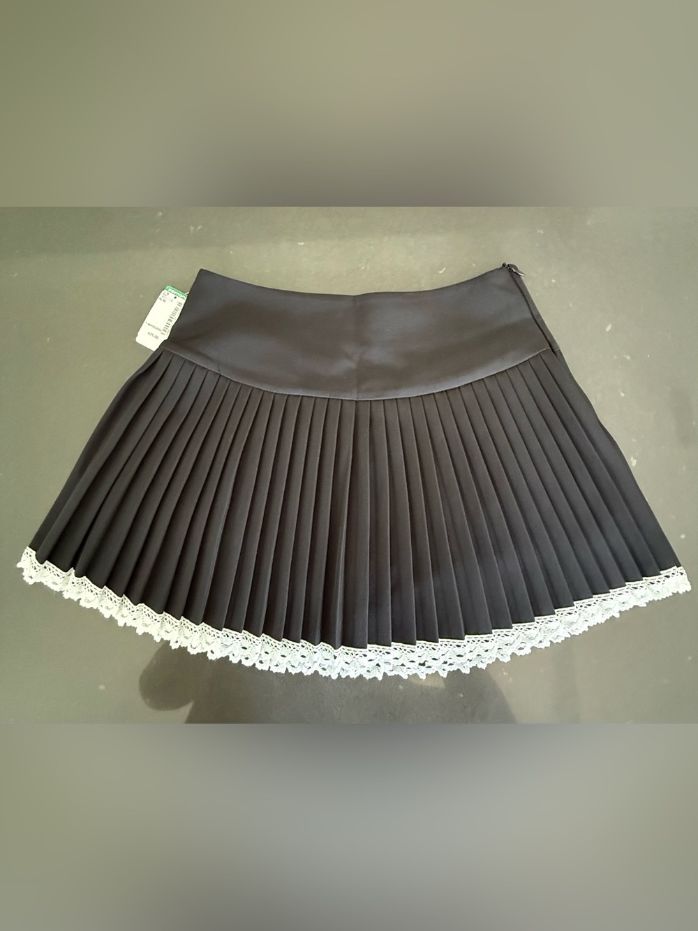 Simons Black Pleated Skater Mini Skirt with White Lace Hem with built-in shorts